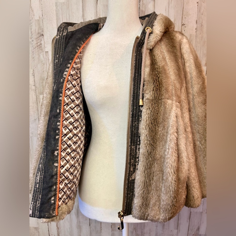 Juicy Couture Faux Fur Pleated Swing Jacket Y2K Brown Gold J Zip Size S - Picture 9 of 11